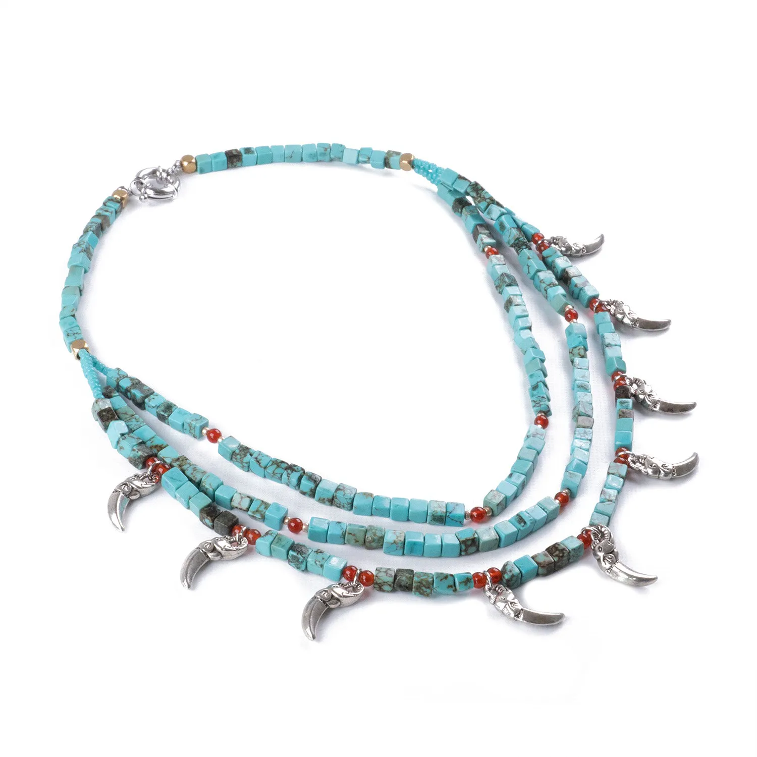 Collar de tres vueltas de turquesa con dijes de elefante en plata