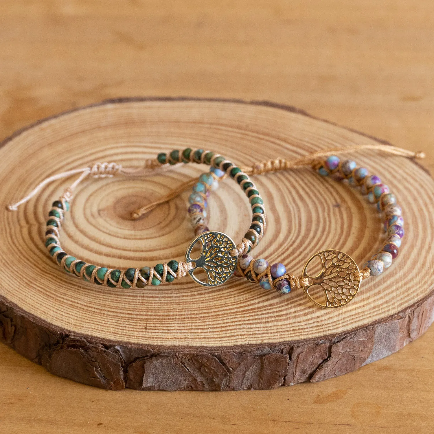 Pulsera Trenzada de Jaspe Africano con Dije Árbol de la Vida