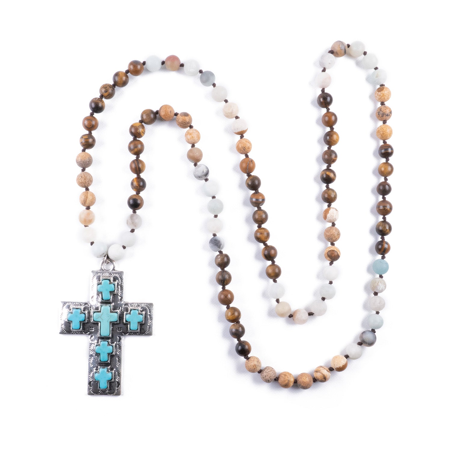 Collar Étnico con Cruz Jaspe, Ojo de Tigre y Amazonita