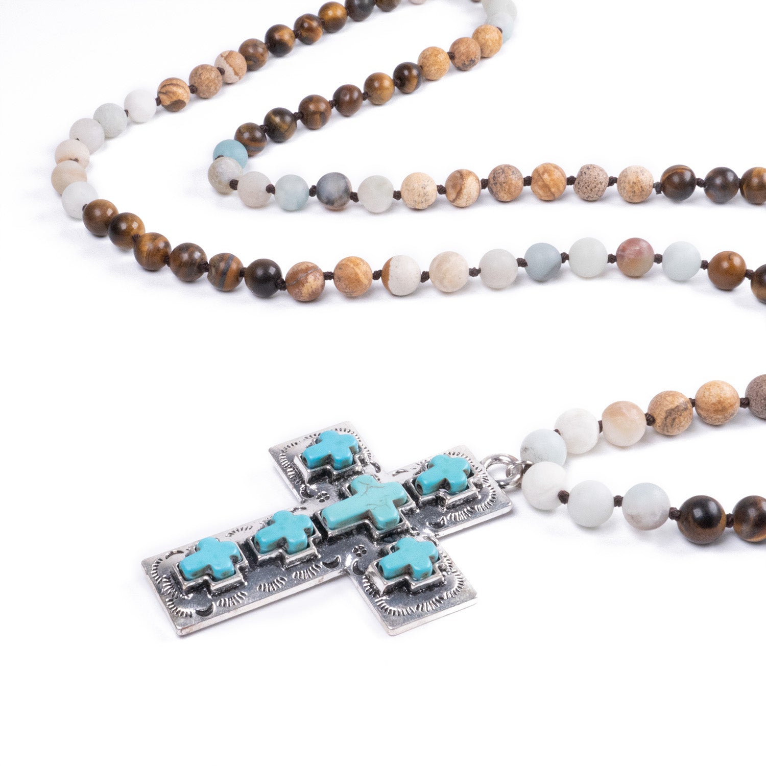Collar Étnico con Cruz Jaspe, Ojo de Tigre y Amazonita