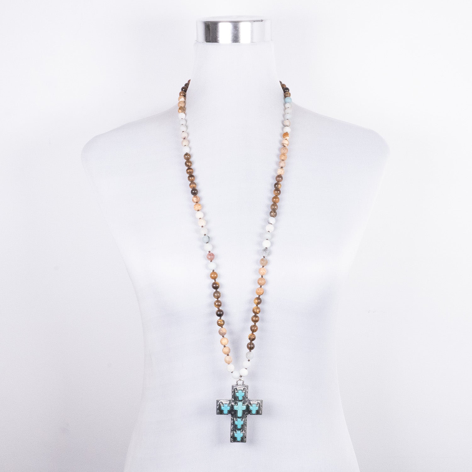 Collar Étnico con Cruz Jaspe, Ojo de Tigre y Amazonita