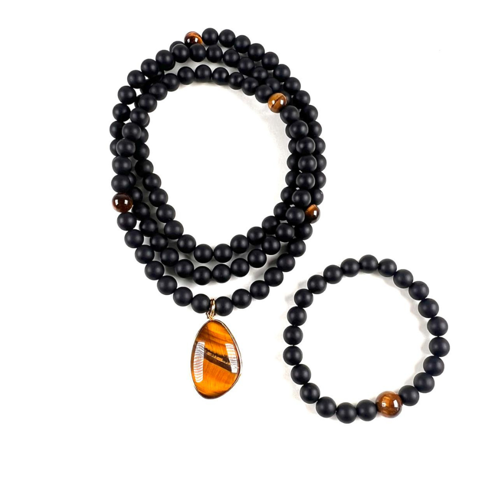Conjunto Collar y Pulsera de Ónix Negro con Dije Ojo de Tigre