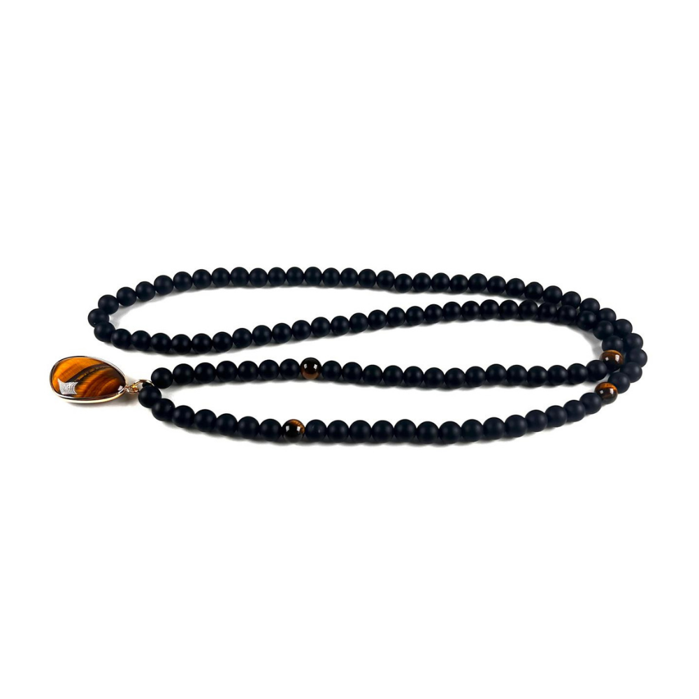 Conjunto Collar y Pulsera de Ónix Negro con Dije Ojo de Tigre
