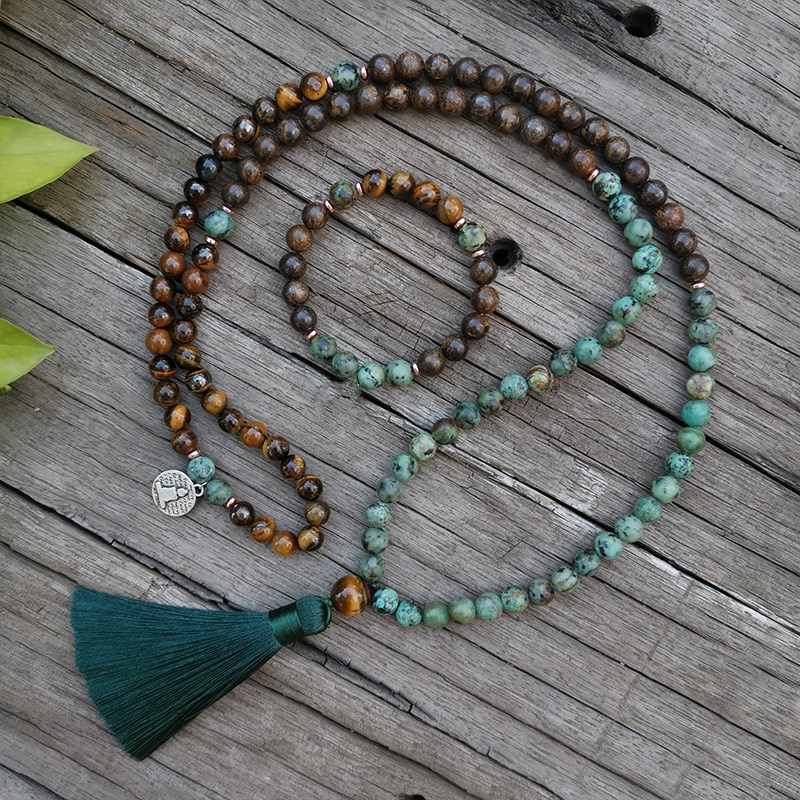 Conjunto Collar y Pulsera de Ojo de Tigre, Turquesa Africana y Broncita
