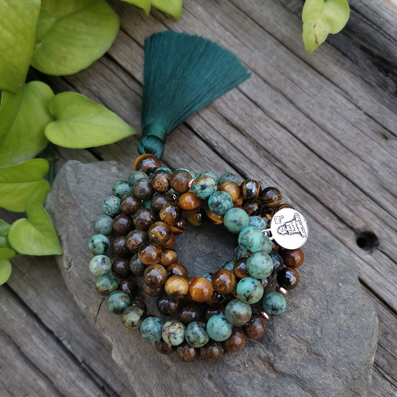 Conjunto Collar y Pulsera de Ojo de Tigre, Turquesa Africana y Broncita