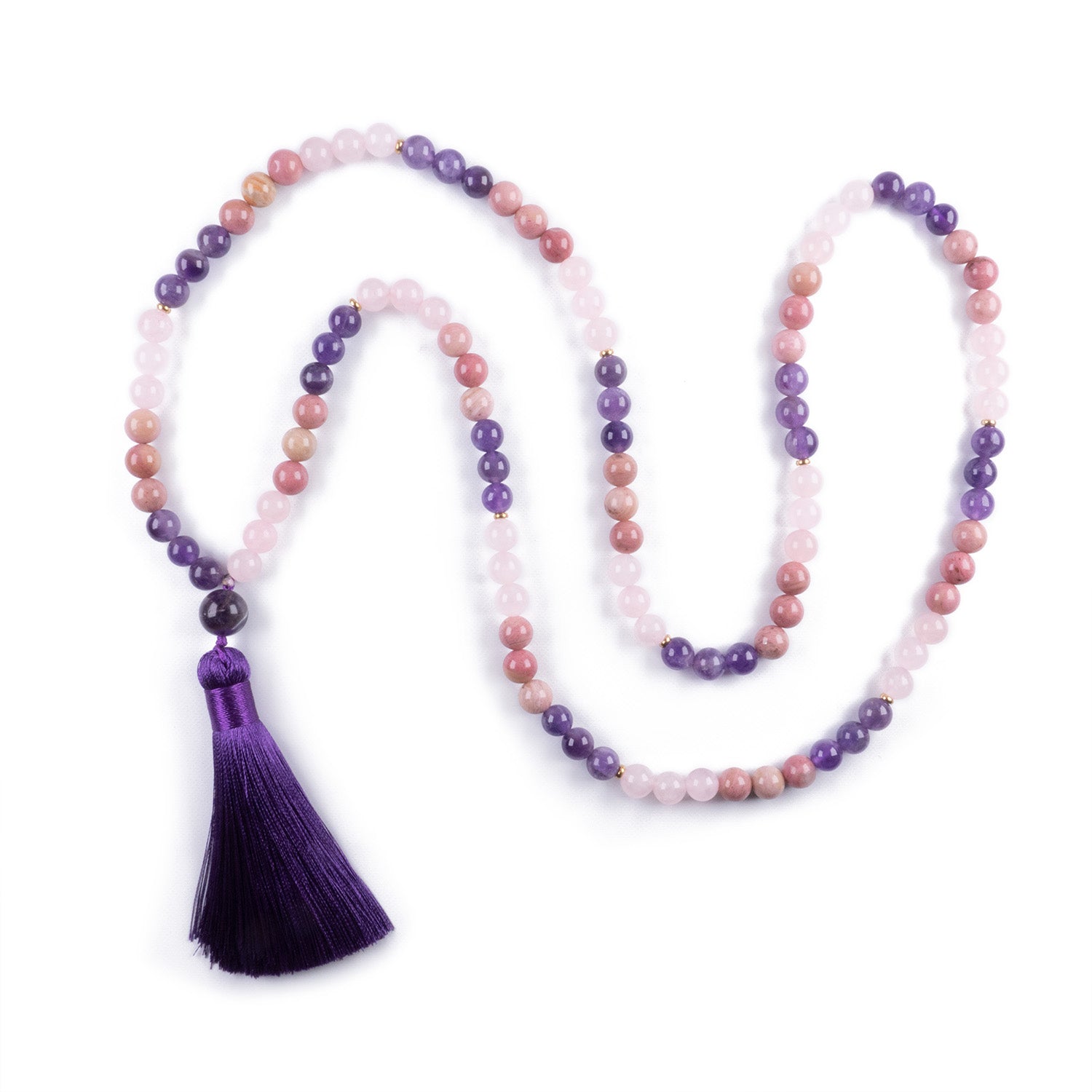 Collar de intención de cuarzo rosa, amatista y rodonita con borla púrpura