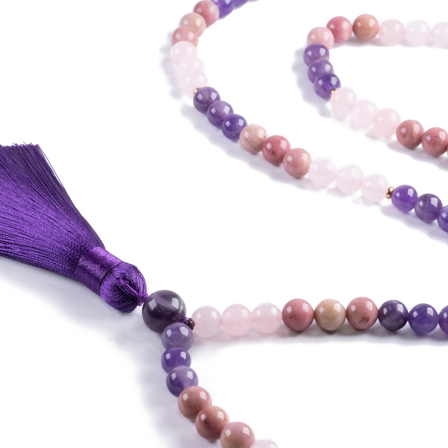 Collar de intención de cuarzo rosa, amatista y rodonita con borla púrpura