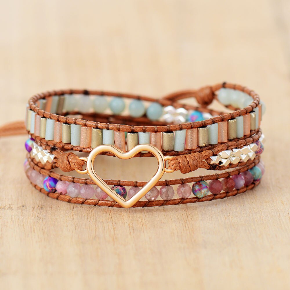 Pulsera Envolvente de Jaspe y Turmalina con Diseño Corazón