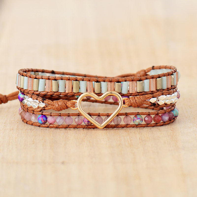 Pulsera Envolvente de Jaspe y Turmalina con Diseño Corazón