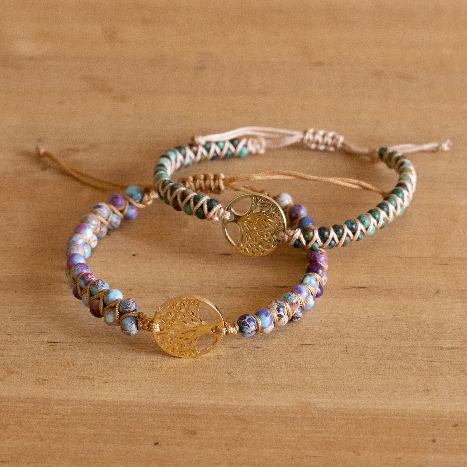Pulsera Trenzada de Jaspe Africano con Dije Árbol de la Vida