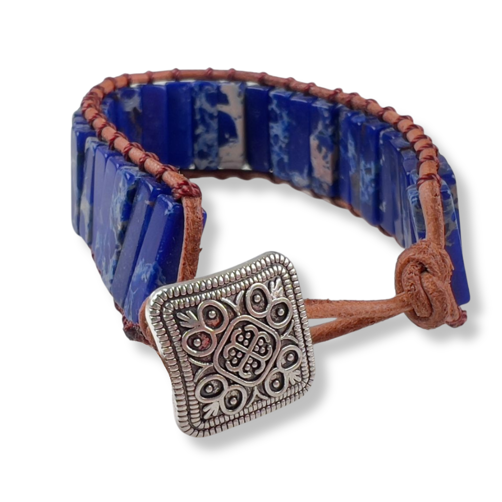 Pulsera de Jaspe Azul Tejida en Cuero