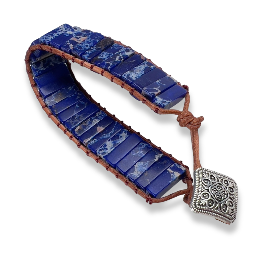 Pulsera de Jaspe Azul Tejida en Cuero